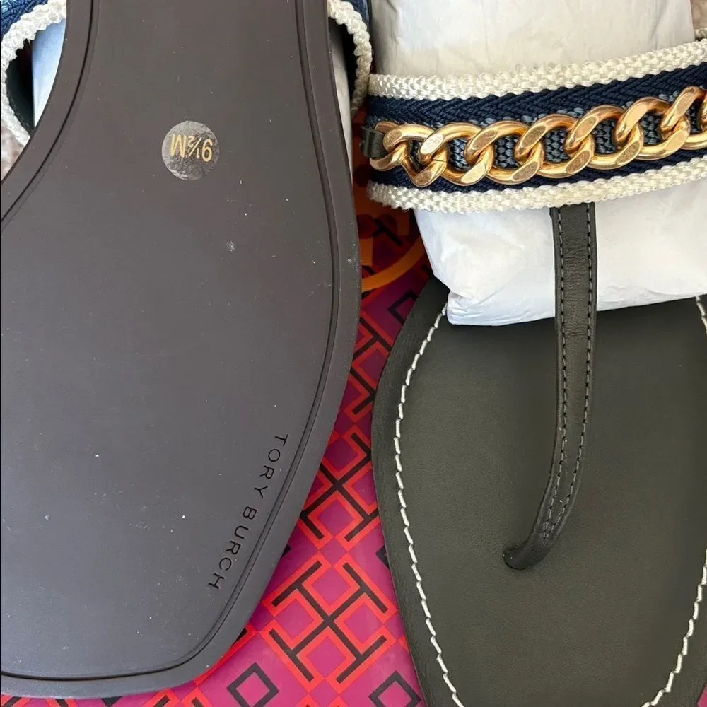 TORY BURCH Mini Benton Chain Band Sandals Poblano/Blue Yonder New in Box